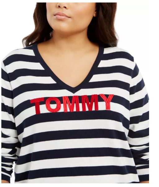 Suéter Tommy Hilfiger Plus Ivy Listrado com Logotipo Azul Tamanho 3X Feminino