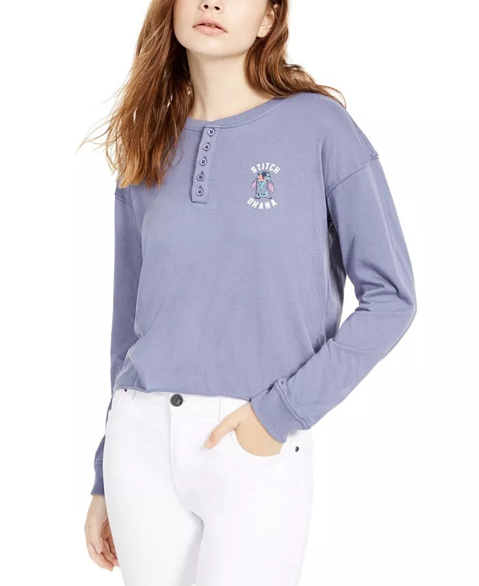 Camiseta Stitch Henley da Disney Junior, tamanho grande, azul marinho