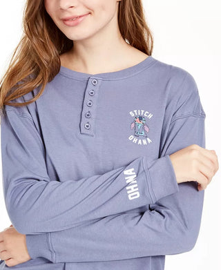 Camiseta Stitch Henley da Disney Junior, tamanho grande, azul marinho
