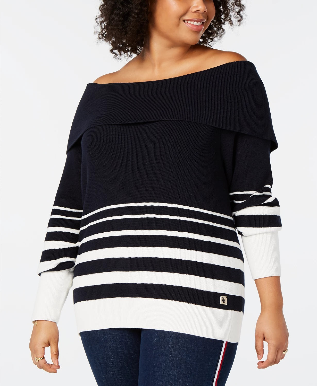 Tommy Hilfiger Suéter feminino plus size listrado ombro a ombro de algodão azul tamanho OX