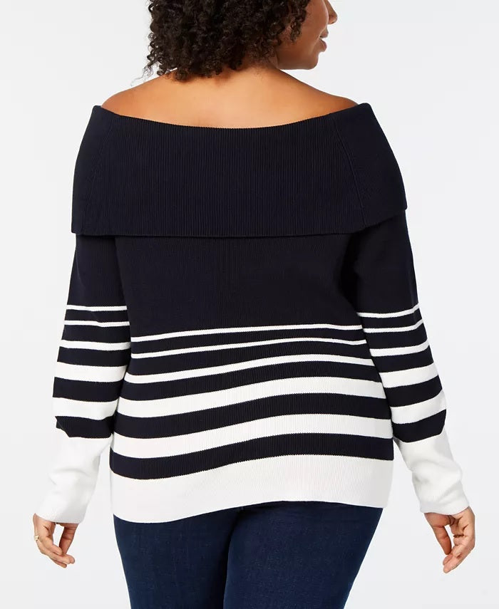 Tommy Hilfiger Suéter feminino plus size listrado ombro a ombro de algodão azul tamanho OX