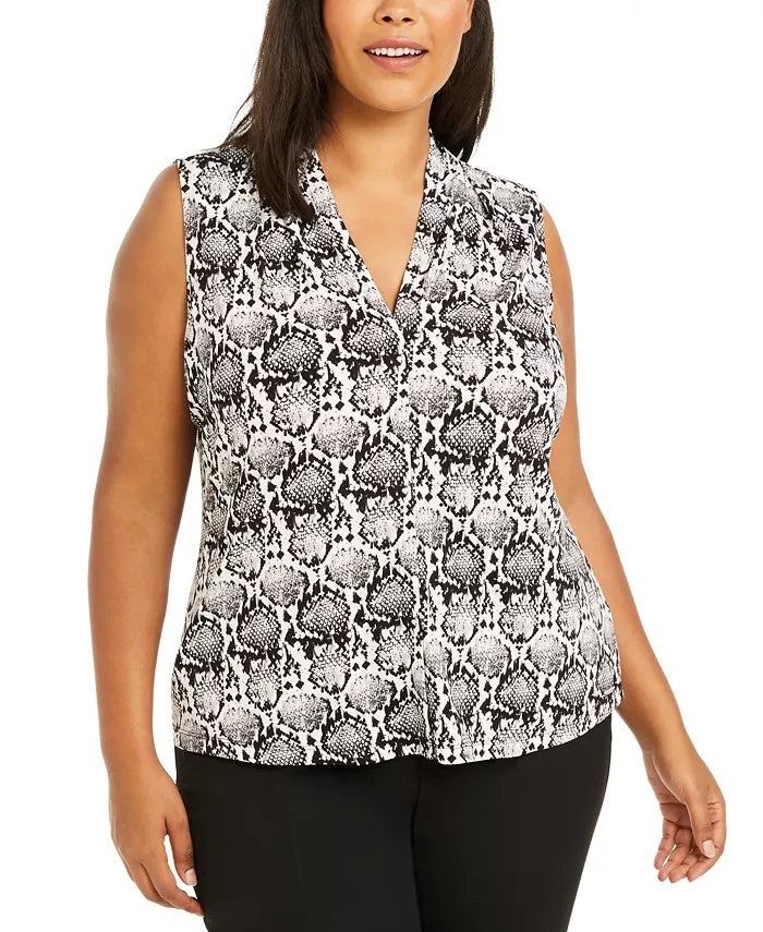 Blusa feminina Calvin Klein Plus sem mangas com estampa e decote em V, cor carvão, tamanho 2X