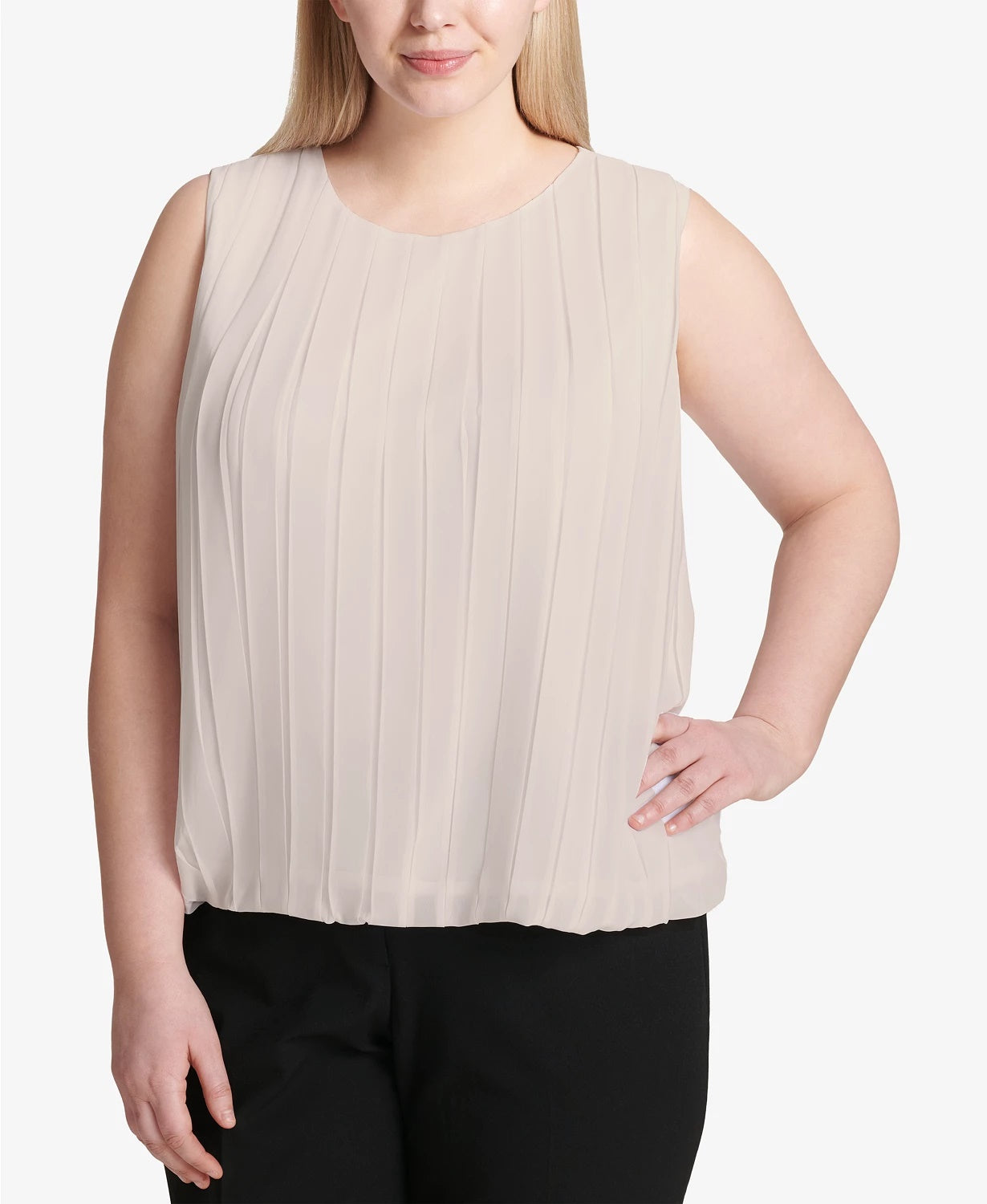 Blusa plissada plus size Calvin Klein feminina, bege escuro, tamanho 3X