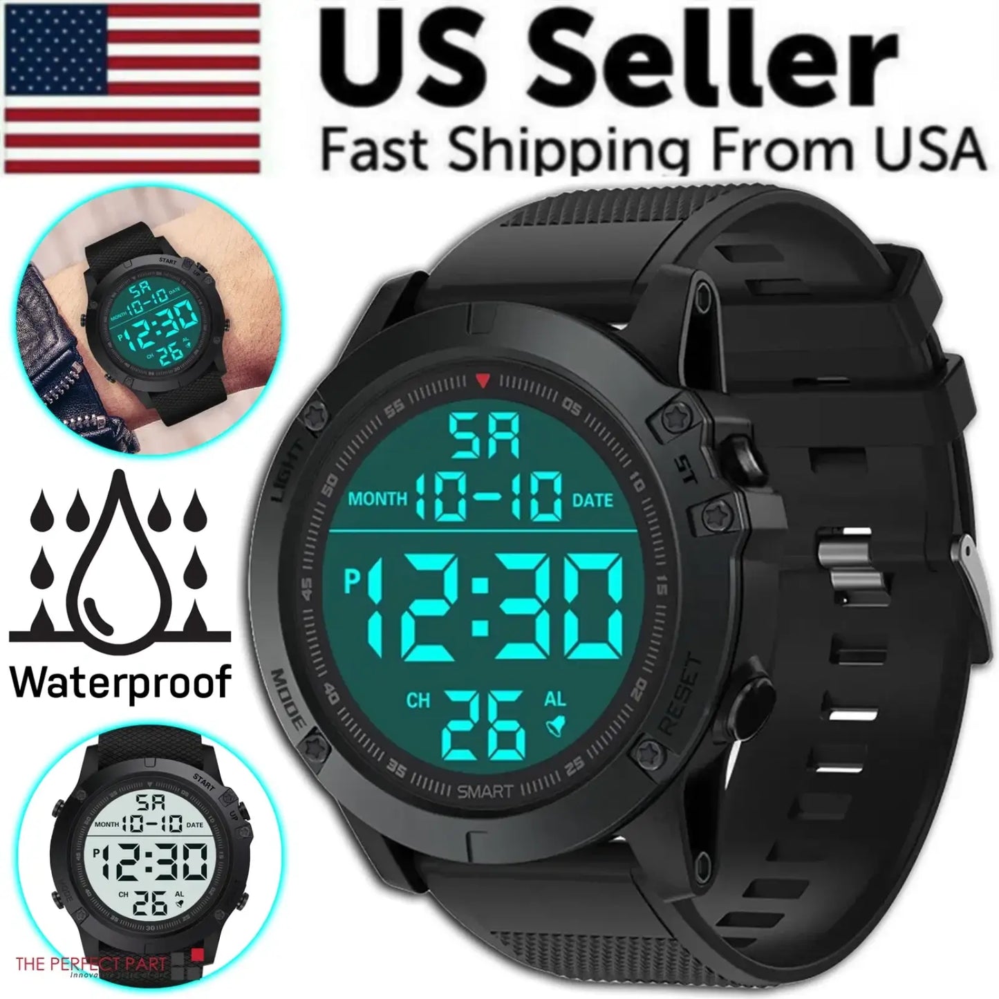Tactical Waterproof Digital Sports Watch with Teal Led Display