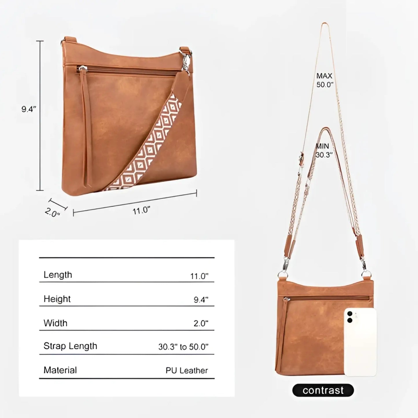 Tan Faux Leather Multi Pocket Crossbody Bag with Patterned Strap