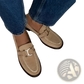 Tan Suede Horsebit Loafers with Round Toe and Flat Heel