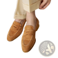 Tan Suede Penny Loafers with White Contrast Stitching