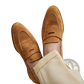 Tan Suede Penny Loafers with White Contrast Stitching