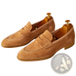 Tan Suede Penny Loafers with White Contrast Stitching