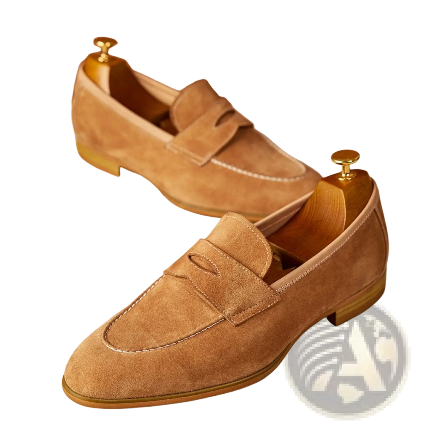 Tan Suede Penny Loafers with White Contrast Stitching