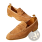 Tan Suede Penny Loafers with White Contrast Stitching
