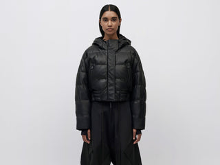 Cropped Leather Down Jacket - Black