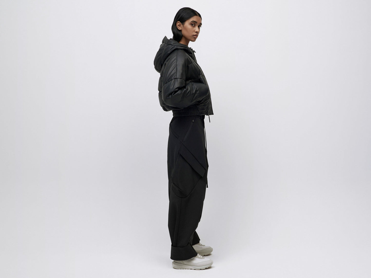 Cropped Leather Down Jacket - Black