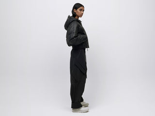 Cropped Leather Down Jacket - Black