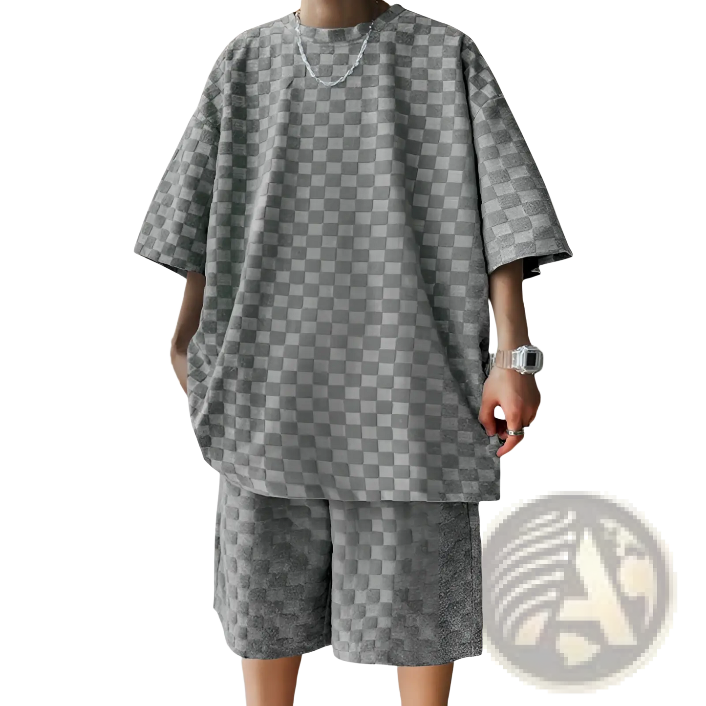 Textured Geometric Cotton Blend T-shirt and Shorts Set