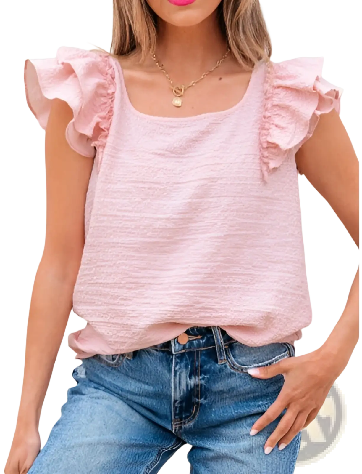 Textured Square Neck Butterfly Sleeve Blouse