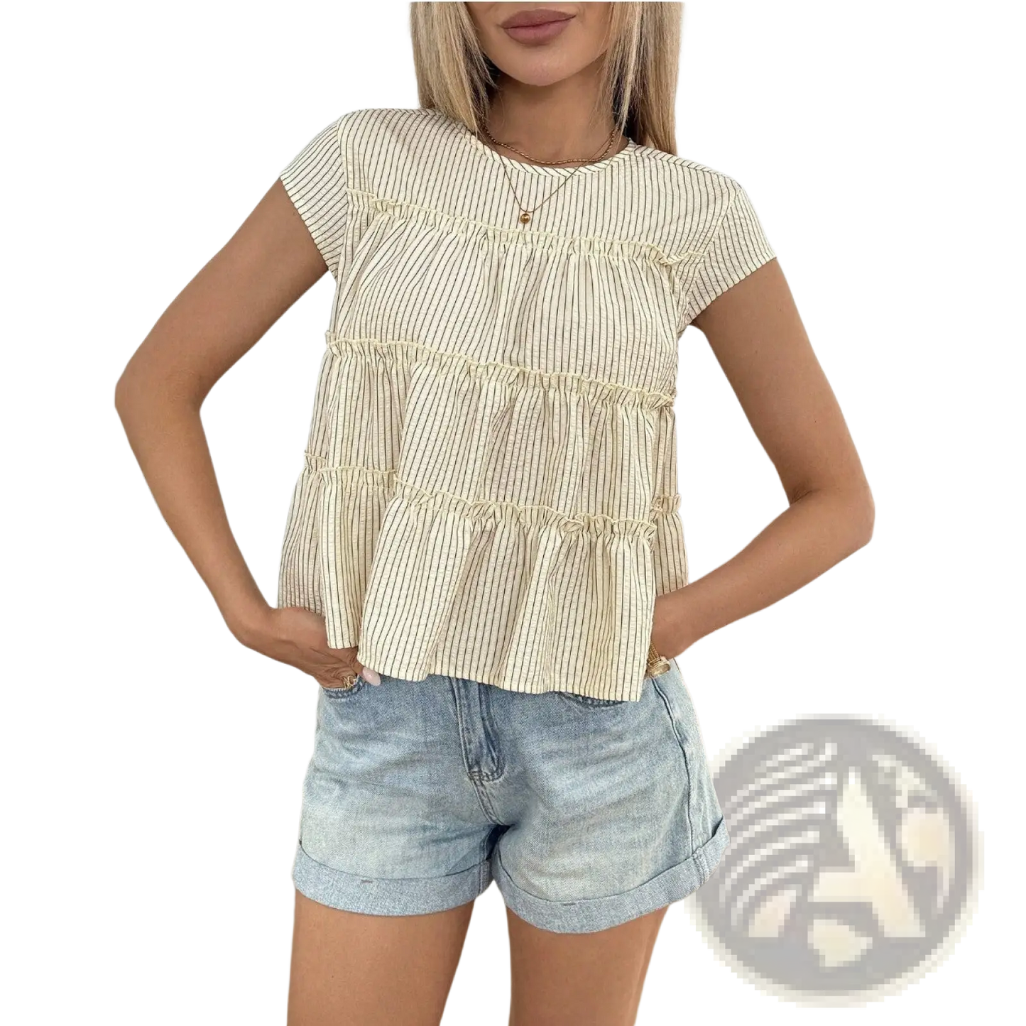 Tiered Striped Ruffle Hem Blouse in Beige