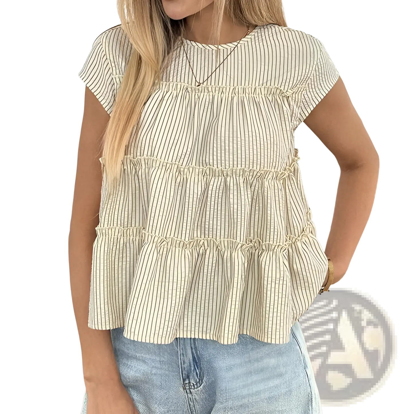 Tiered Striped Ruffle Hem Blouse in Beige
