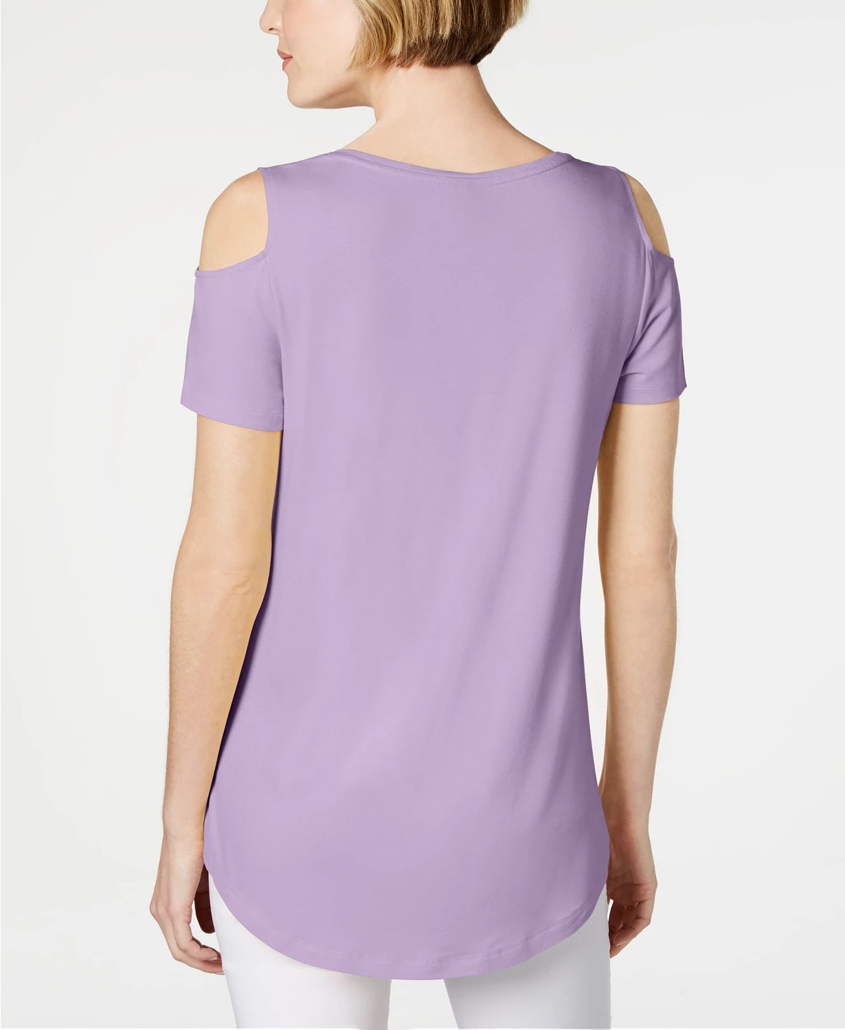 Camiseta feminina JM Collection com ombros descobertos e manga curta, tamanho grande, roxa, tamanho médio