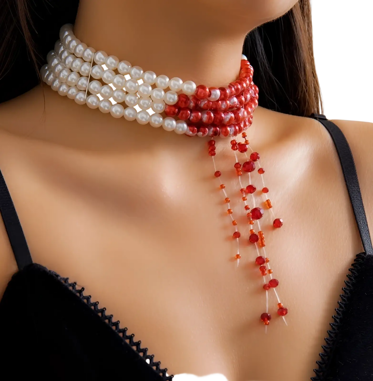 Triple Layer Red and White Pearl Cascading Choker Necklace