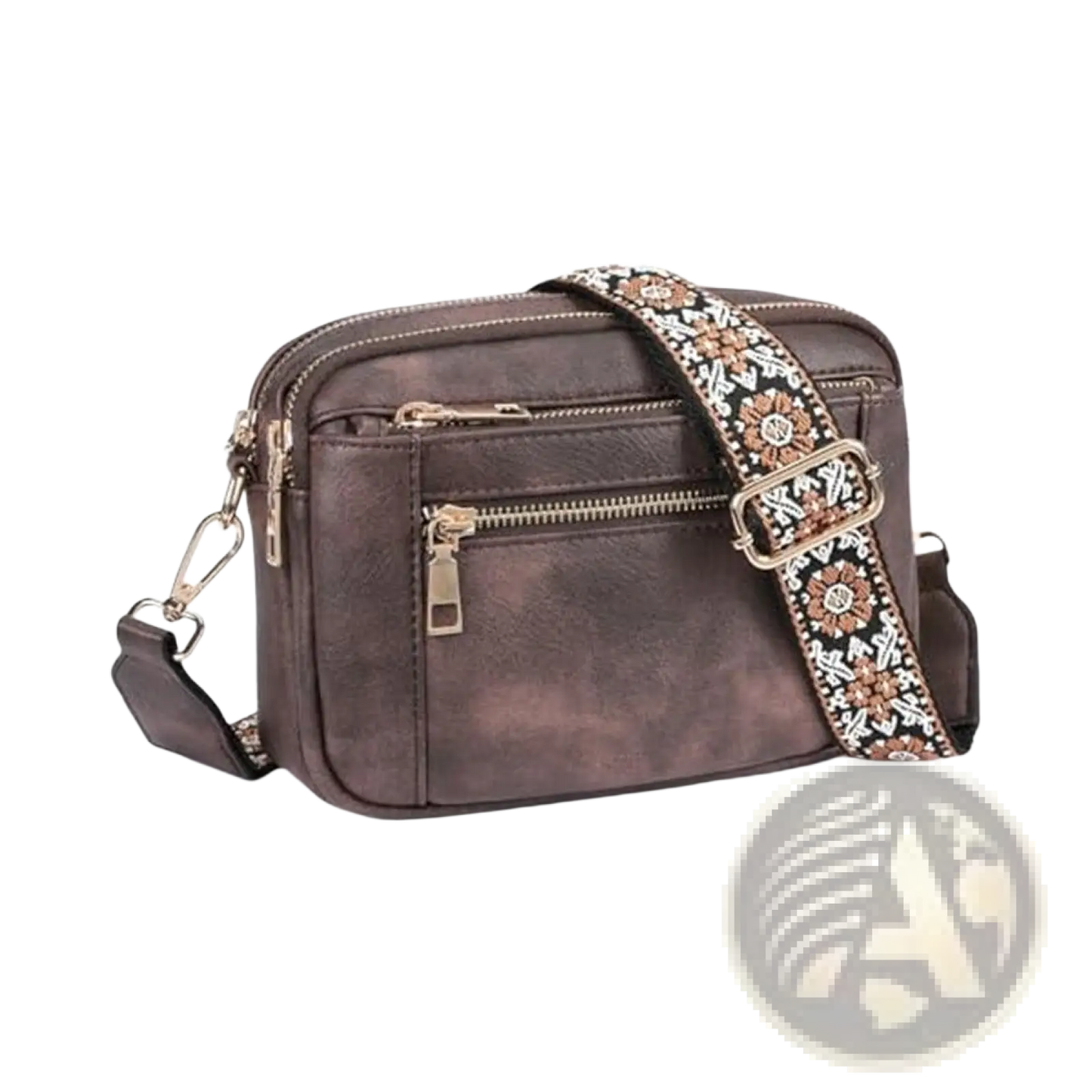Triple Zipper Floral Strap Colorblock Crossbody Bag