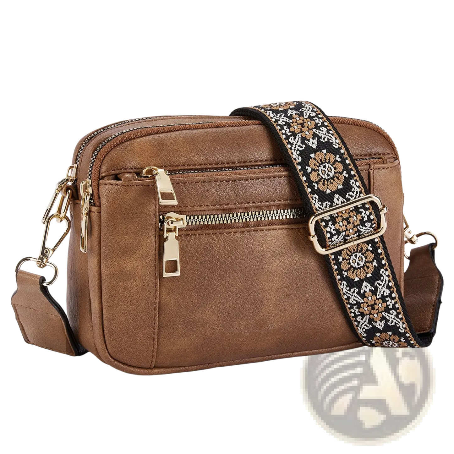 Triple Zipper Floral Strap Colorblock Crossbody Bag