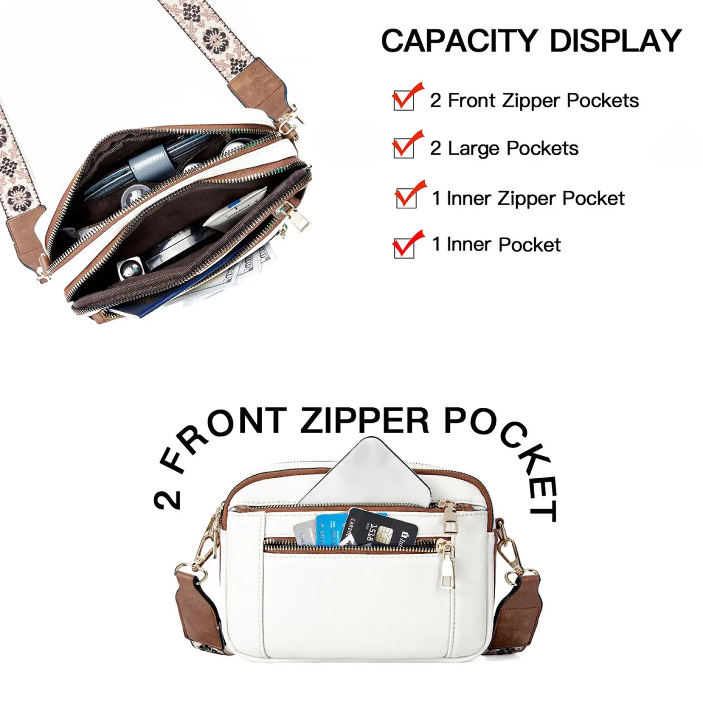 Triple Zipper Floral Strap Colorblock Crossbody Bag