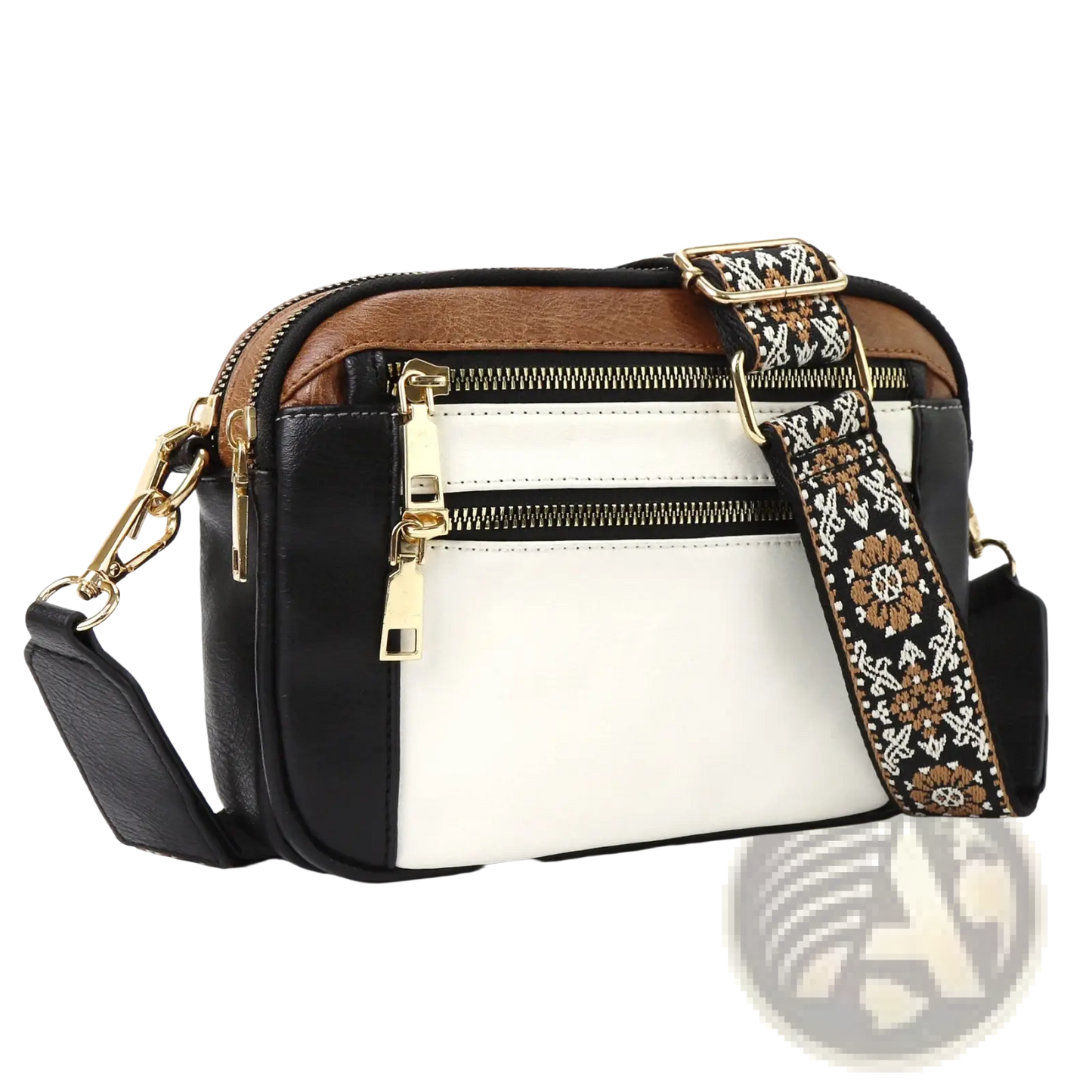 Triple Zipper Floral Strap Colorblock Crossbody Bag