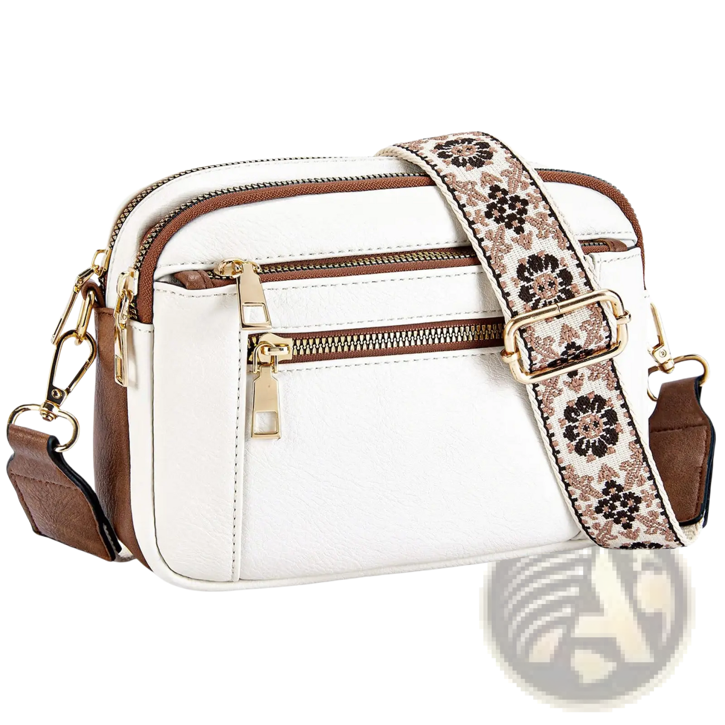 Triple Zipper Floral Strap Colorblock Crossbody Bag