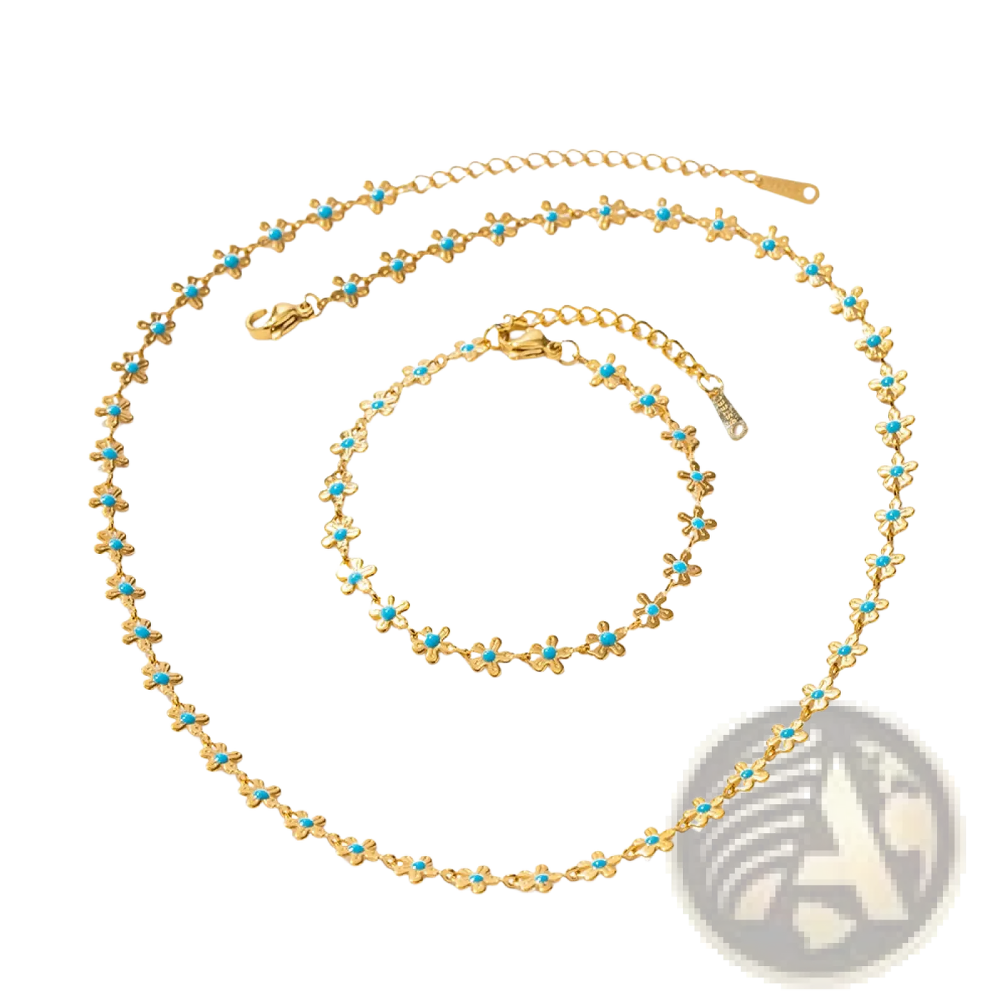 Turquoise Daisy Gold Chain Necklace and Bracelet Set