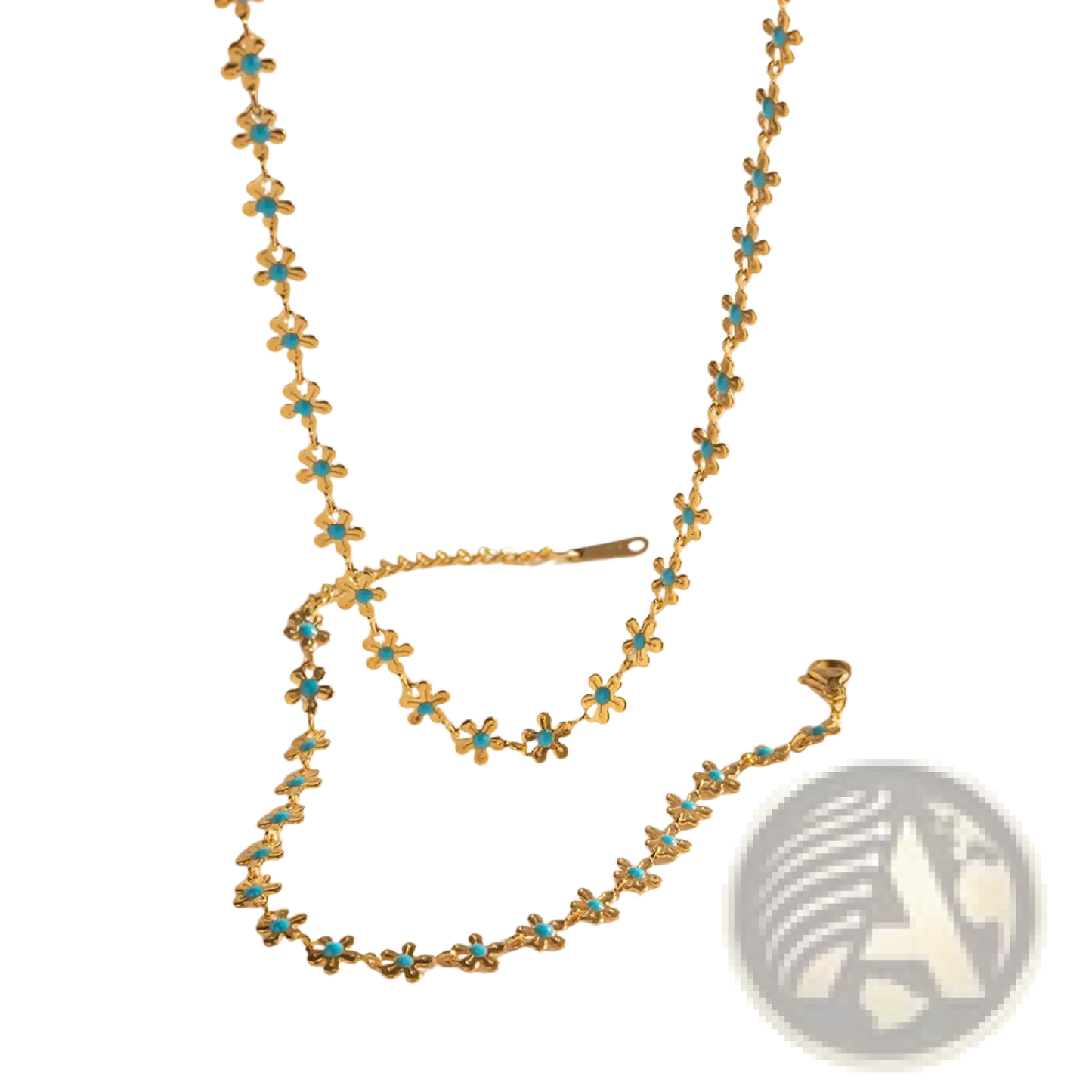 Turquoise Daisy Gold Chain Necklace and Bracelet Set