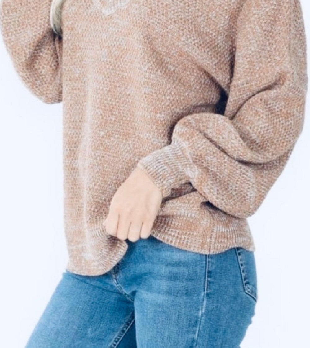 Suéter feminino Frankie &amp; Pop com detalhe de manga balão, tricô leve, gola V, marrom, tamanho extragrande