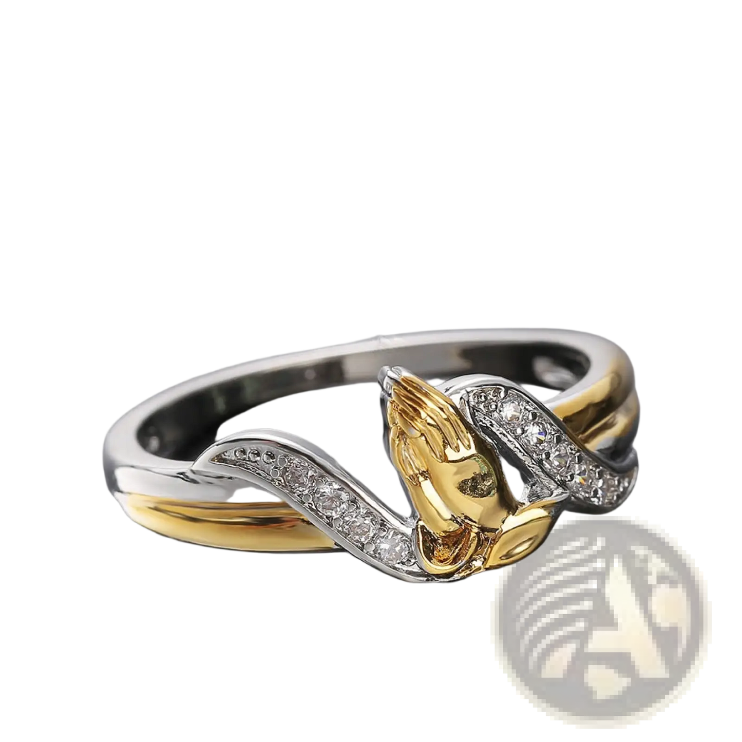 Two Tone 18k Gold Praying Hands Cubic Zirconia Ring