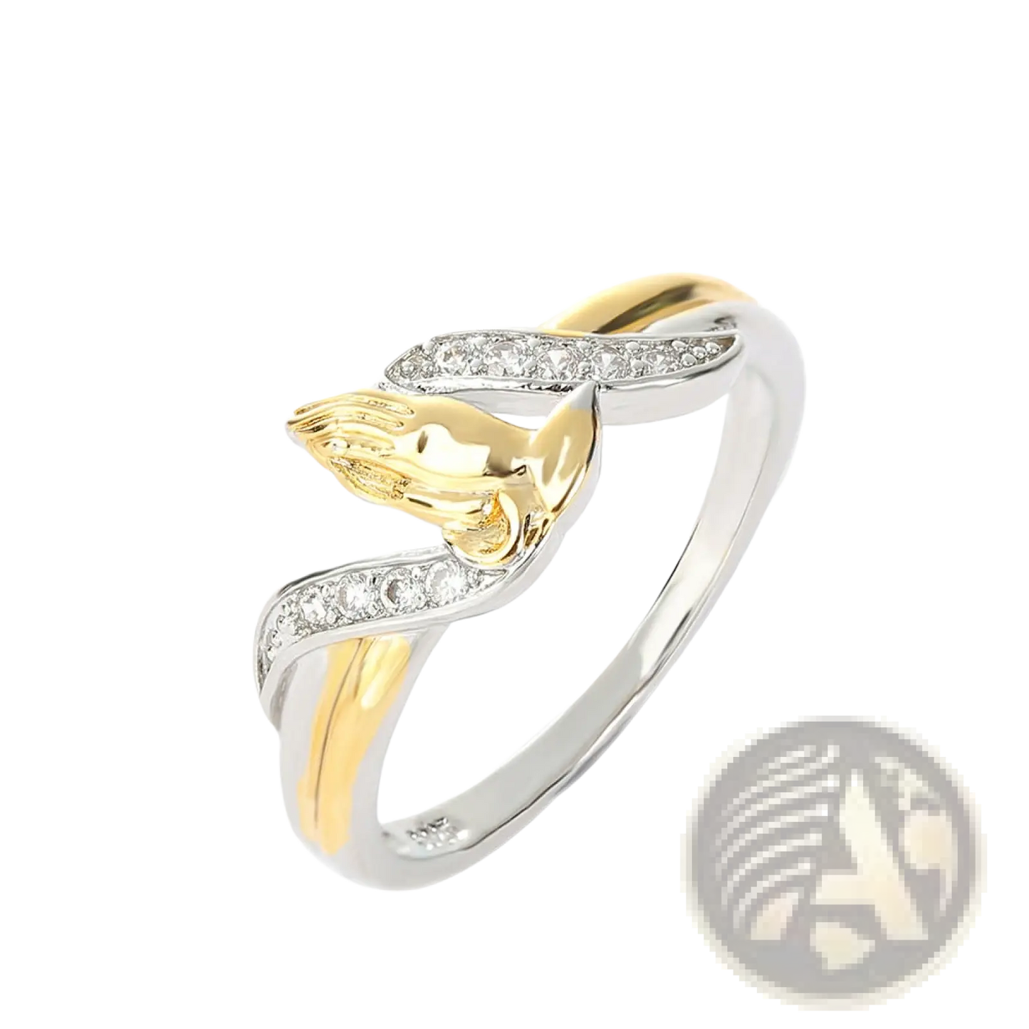 Two Tone 18k Gold Praying Hands Cubic Zirconia Ring