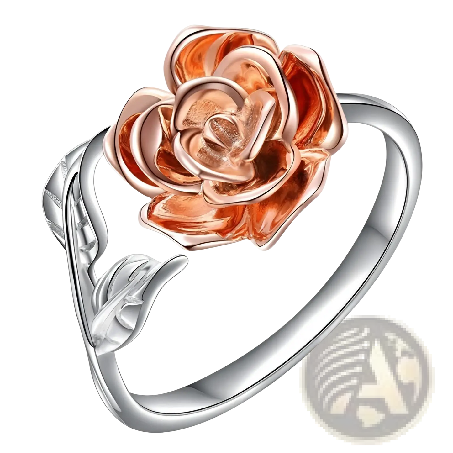 Two Tone Rose and Leaf Adjustable Silver Ring