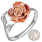 Two Tone Rose and Leaf Adjustable Silver Ring