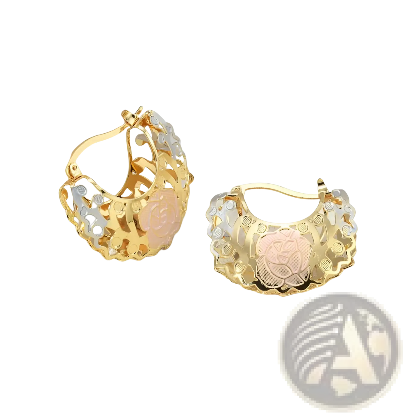 Two Tone Rose Motif Hoop Earrings with Pink Enamel Accents