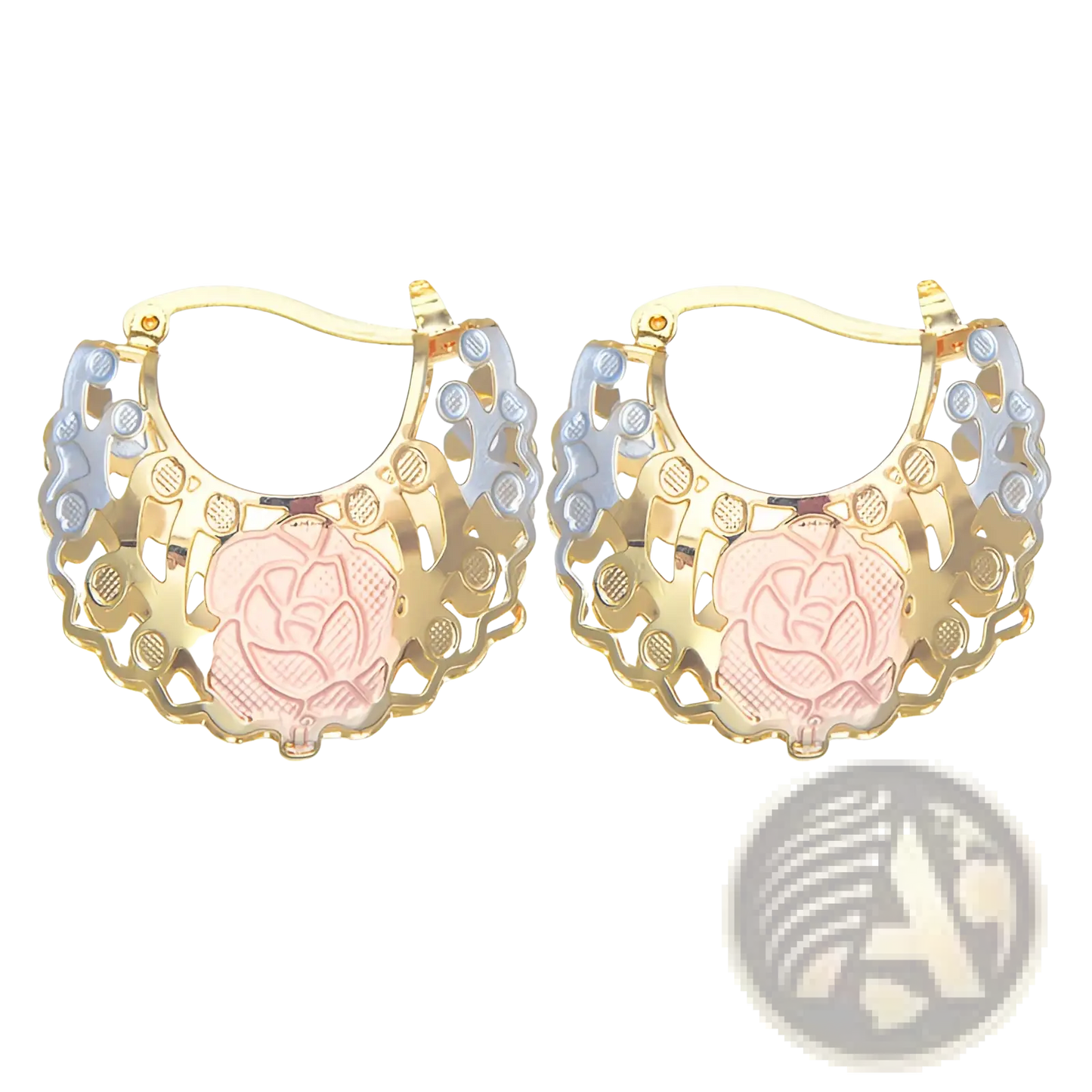 Two Tone Rose Motif Hoop Earrings with Pink Enamel Accents