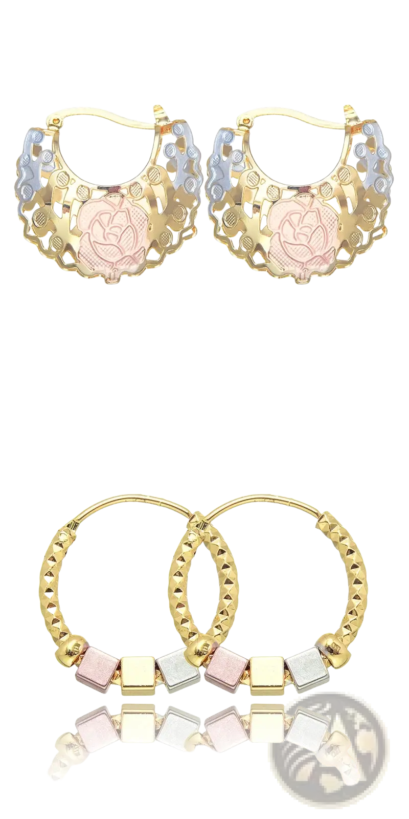 Two Tone Rose Motif Hoop Earrings with Pink Enamel Accents
