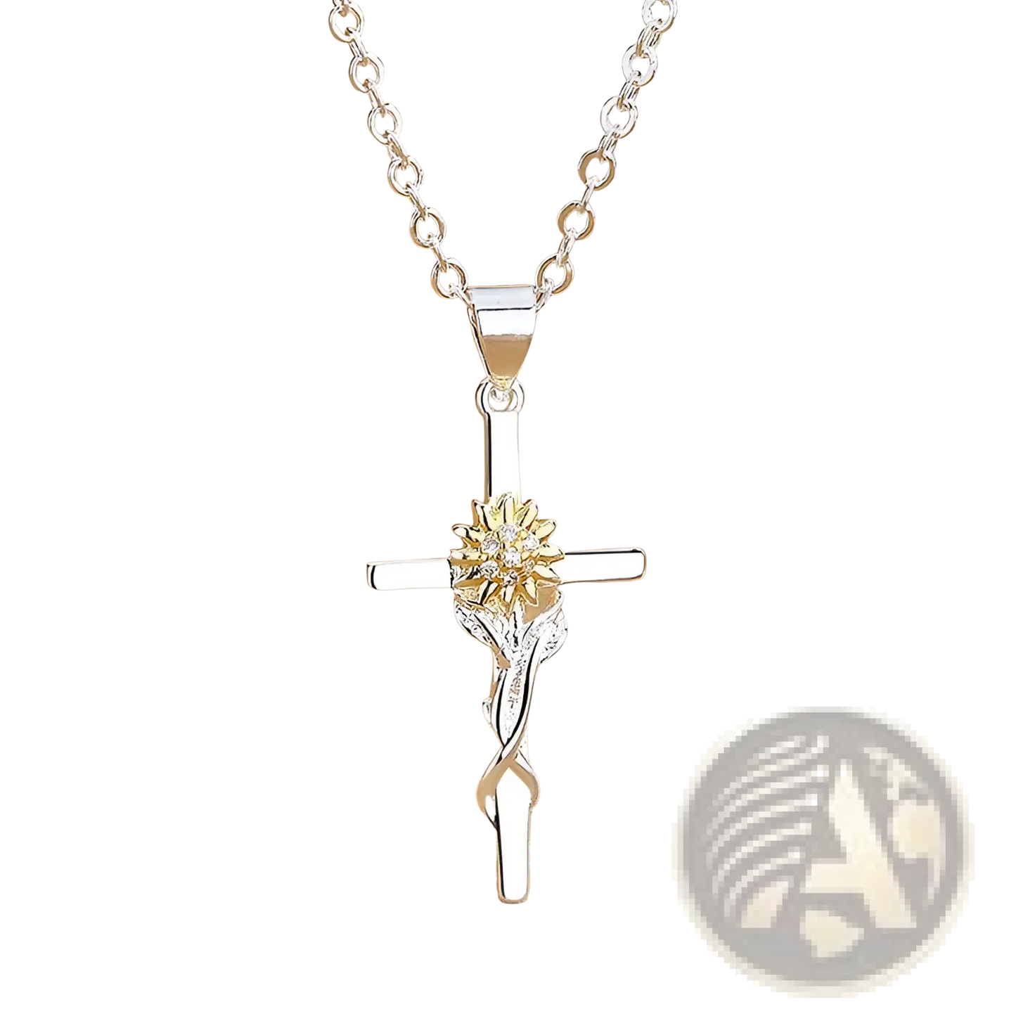 Two-tone Silver and Gold Sunflower Cross Pendant Necklace