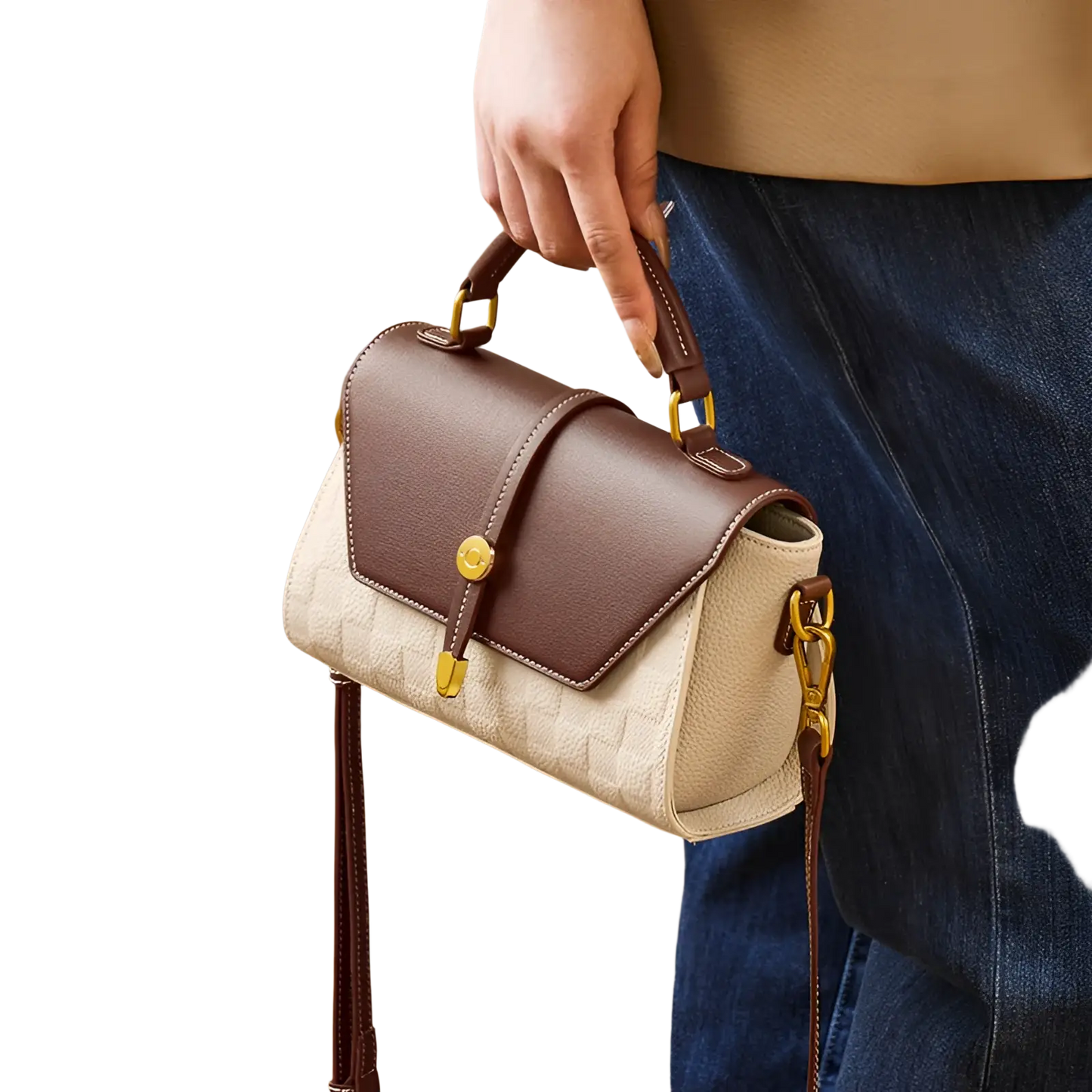 Two-tone Woven Leather Crossbody Handbag with Gold Hardware