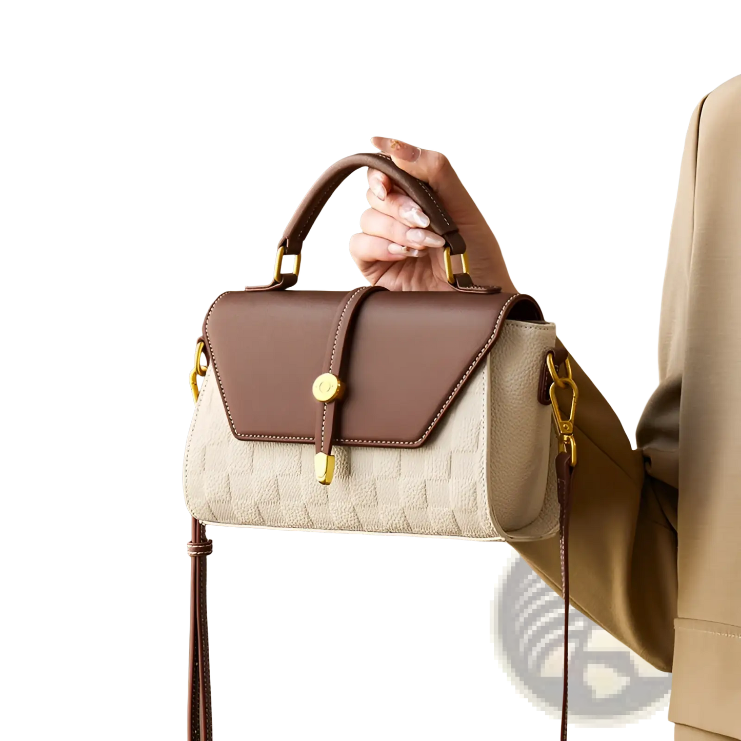 Two-tone Woven Leather Crossbody Handbag with Gold Hardware