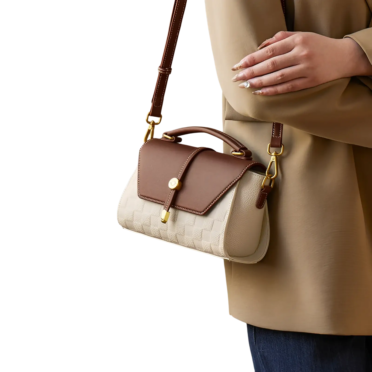 Two-tone Woven Leather Crossbody Handbag with Gold Hardware