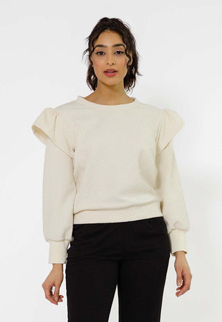 Moletom feminino Leota Ashley com babados nos ombros, branco, tamanho pequeno