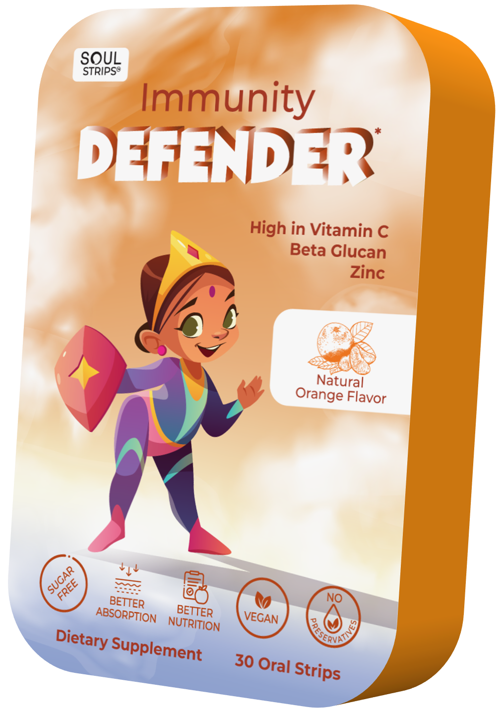 Soul Strips Kids Immunty Defender Vegano Sem Açúcar - Sabor Laranja 30 Tiras