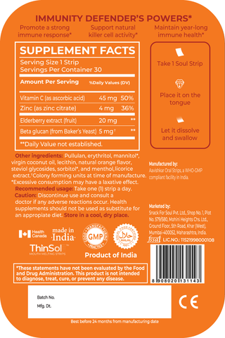 Soul Strips Kids Immunty Defender Vegan Sugar Free - Orange Flavor 30 Strips
