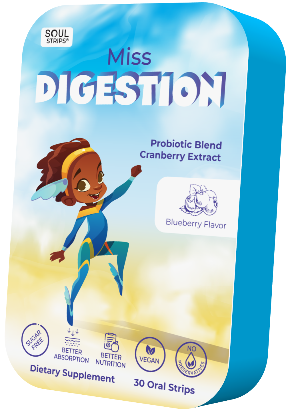 Soul Strips Kids Miss Digestão Vegano Sem Açúcar Sabor Mirtilo 30 Tiras