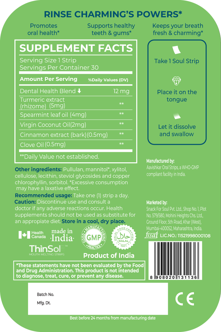 Soul Strips Kids Rinse Charming Vegan Sem Açúcar Sabor Hortelã 30 Tiras