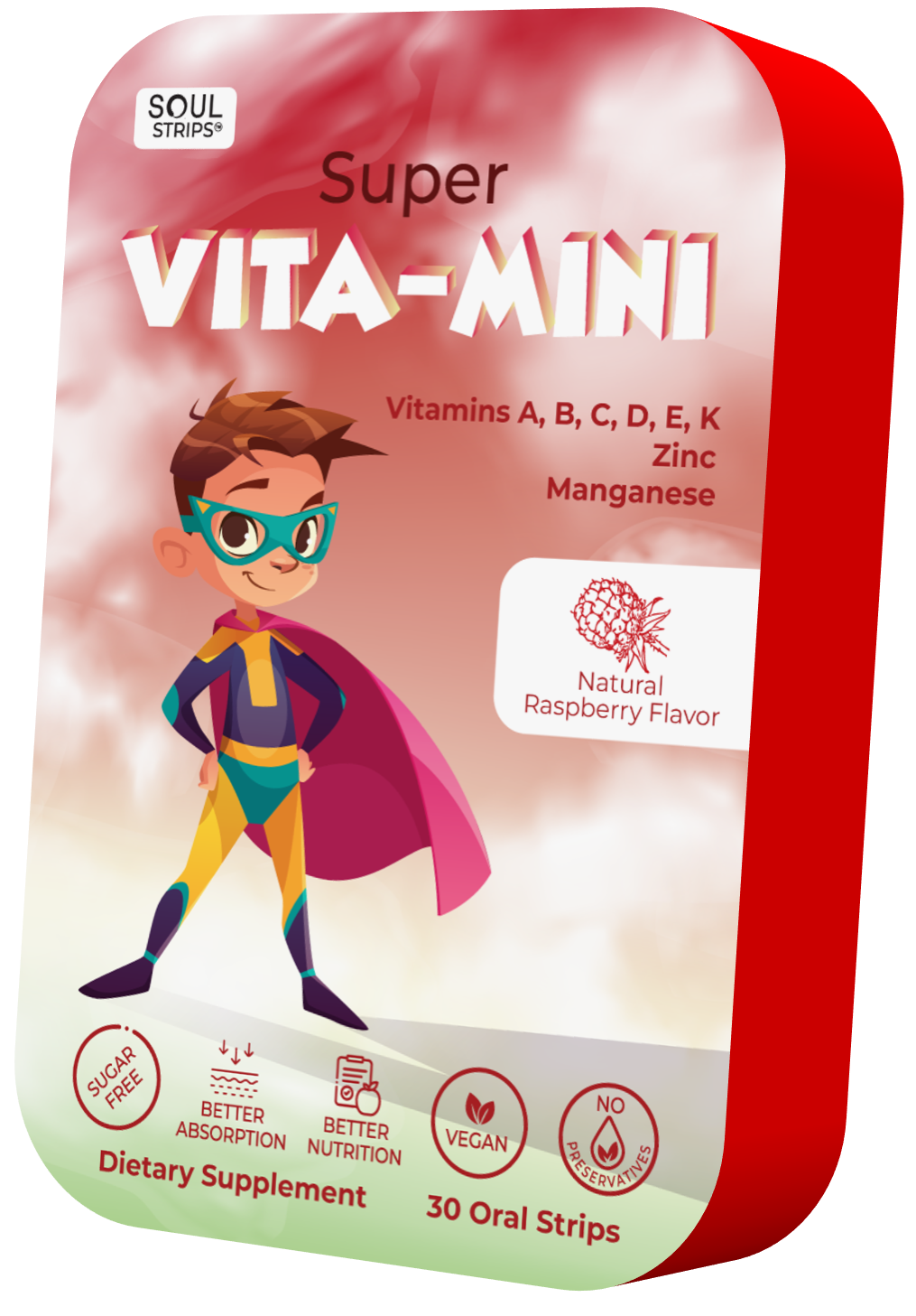 Soul Strips Kids Super Vita-Mini Vegano Sem Açúcar Sabor Framboesa 30 Tiras