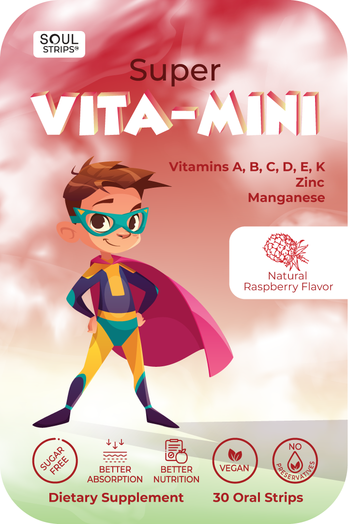 Soul Strips Kids Super Vita-Mini Vegano Sem Açúcar Sabor Framboesa 30 Tiras